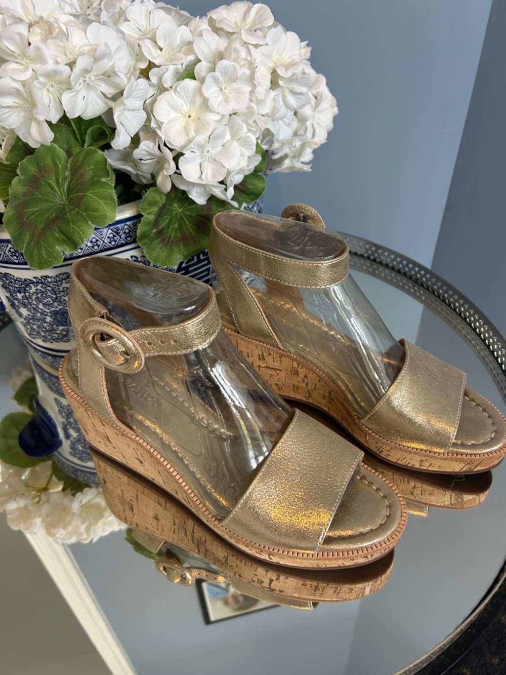 Metallic Gold Cork Wedge Sandals - Women's